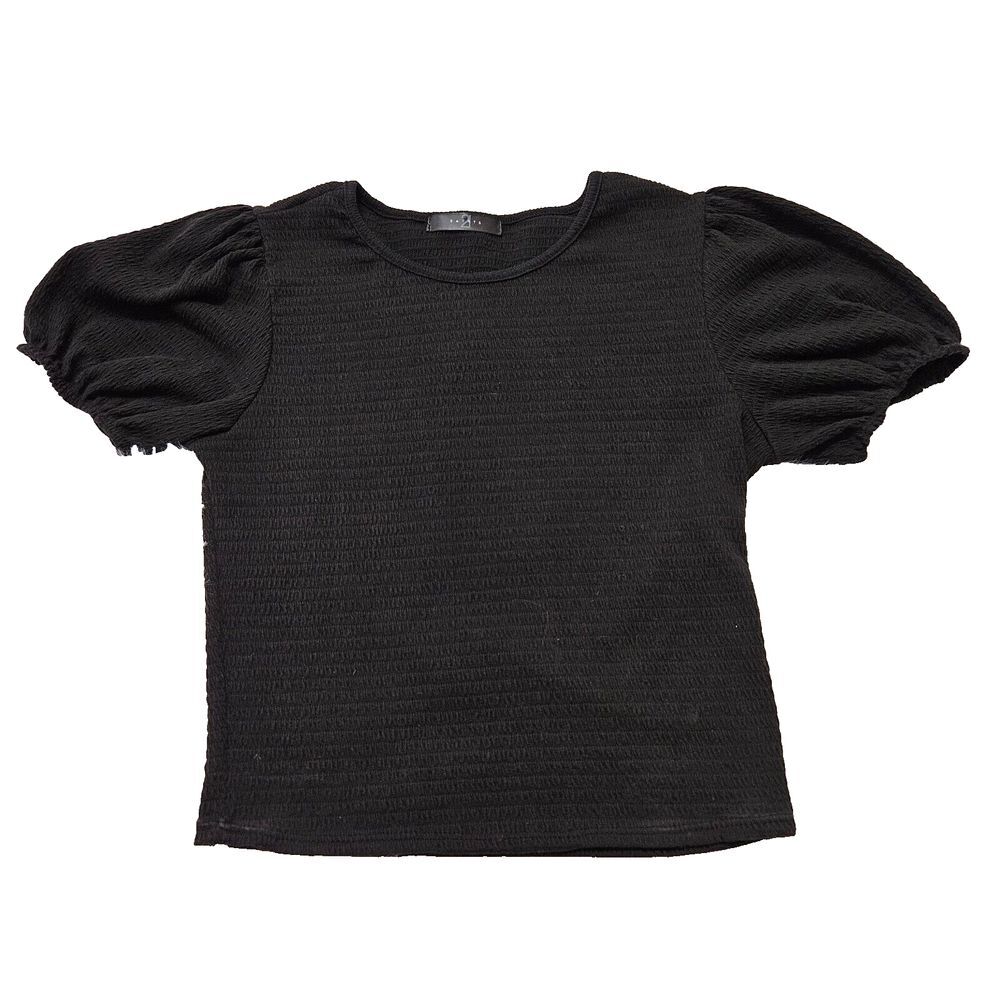 21 Saints Women's Black Puff Shoulder Preppy Smocked Bodice Baby Tshirt. Size M